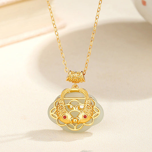 Collar con colgante de pez koi de jade hetiano natural de plata de ley 925 con piedras de Buda