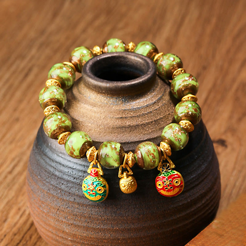 Buddha Stones Gold Swallowing Beast Family Charm Liuli Glass Bead Fortune Bracelet - Touch Bling