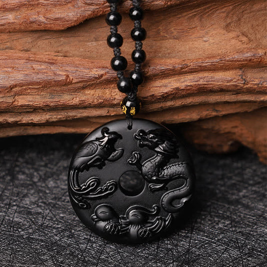 Collar con colgante de obsidiana negra, dragón, fénix, pato mandarín y protección de la suerte. 