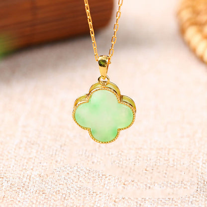 Buddha Stones Vierblättriges Kleeblatt Jade Muster Glück Halskette Anhänger