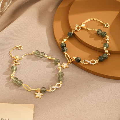 Pulsera de protección de estrellas de amor eterno con lazo de Möbius de cuarzo rutilado verde en oro de 14 quilates de Buddha Stones 