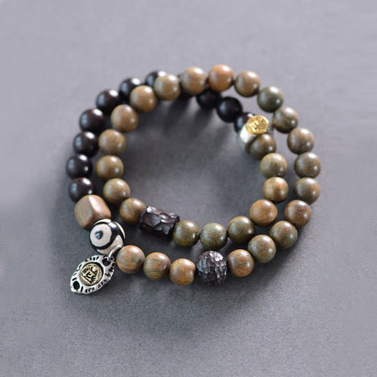 Buddha Stones Tibetisches grünes Sandelholz Ebenholz Dreiäugige Dzi-Perle Fu Charakter Balance Peace Doppelwickelarmband