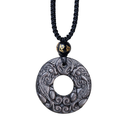 Collar con colgante de obsidiana con doble PiXiu, moneda de cobre, hebilla de paz y protección, con piedras de Buda y brillo de plata natural