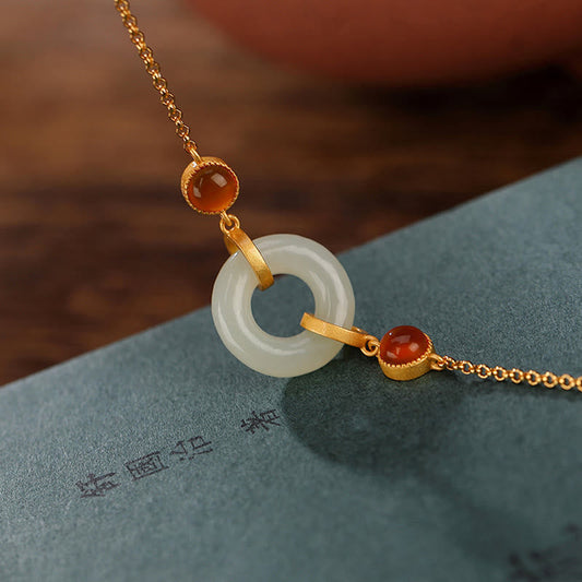 Buddha Stones 925 Sterling Silber vergoldet natürliche Hetian Jade Peace Schnalle roter Achat Glücksarmband