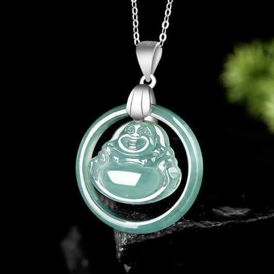 Collar con colgante de Buda sonriente de jade natural en plata de ley 925 con piedras de Buda
