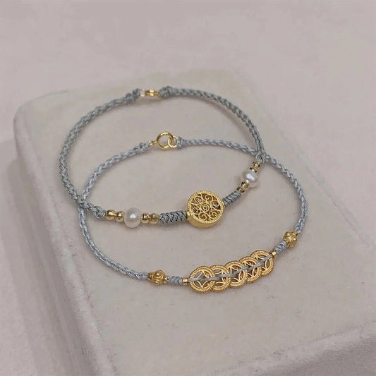 Pulsera trenzada de cuerda azul con perla, árbol de la fortuna y monedas de cobre de Buda 