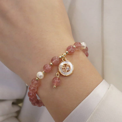Buddha Stones Erdbeerquarz Perle Elch Smiley Gesicht Fischschwanz Fu Charakter Charm Heilung Armband 
