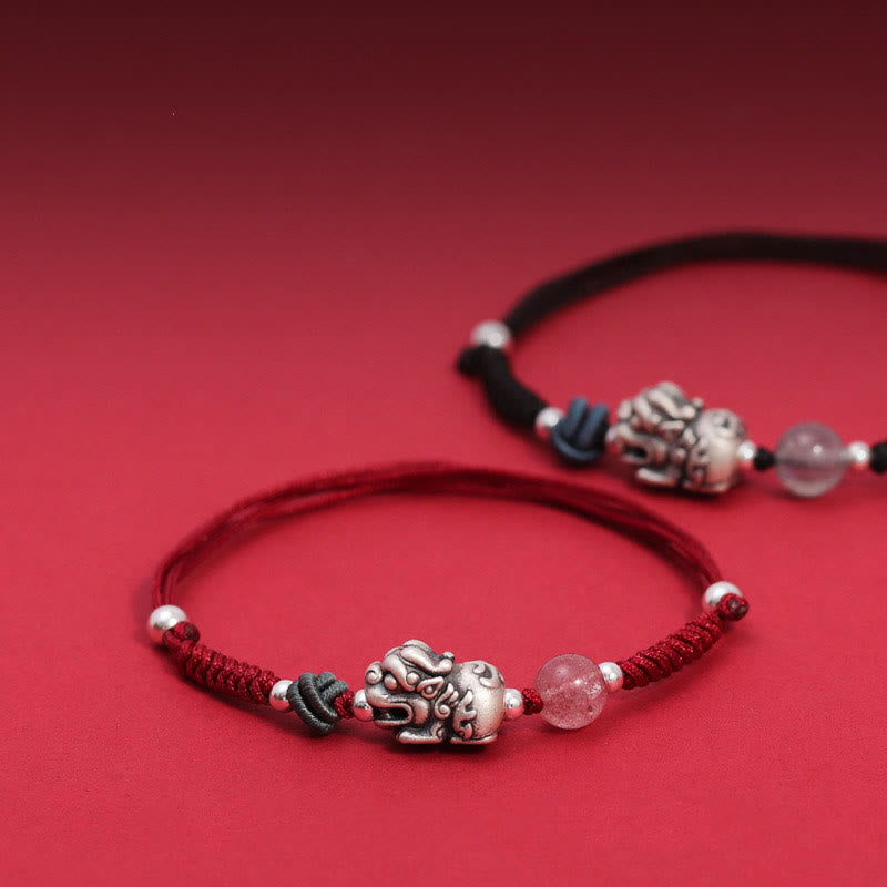 Pulsera trenzada de plata de ley 999 con cuentas de cuarzo fresa PiXiu y piedras de Buda para la riqueza y la suerte 