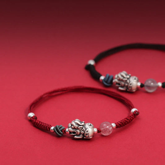 Pulsera trenzada de plata de ley 999 con cuentas de cuarzo fresa PiXiu y piedras de Buda para la riqueza y la suerte 