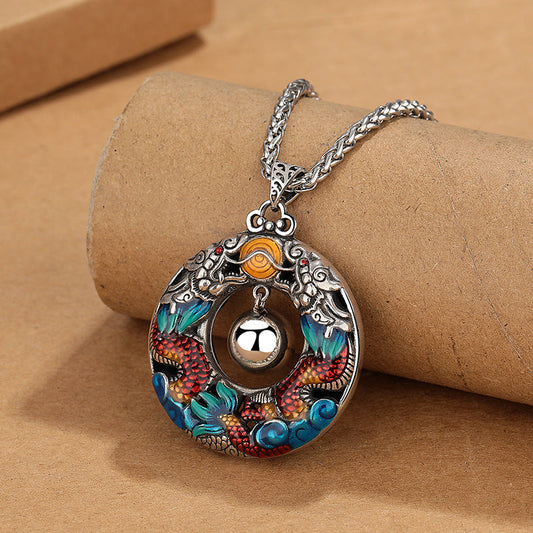 Collar con colgante de cobre protector con cuentas de dragón dobles coloridos y piedras de Buda del Año del Dragón 
