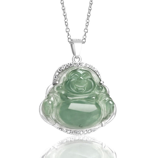 Buddha Stones Halskette mit Anhänger, 925er Sterlingsilber, lachender Buddha, natürliche Jade, Glück und Wohlstand