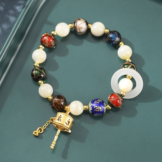Buddha-Steine, tibetische Räucher-Asche, Liuli-Glas, Tridacna-Stein, Sonnenstein, Om Mani Padme Hum, Gebetsmühle, Bettelarmband