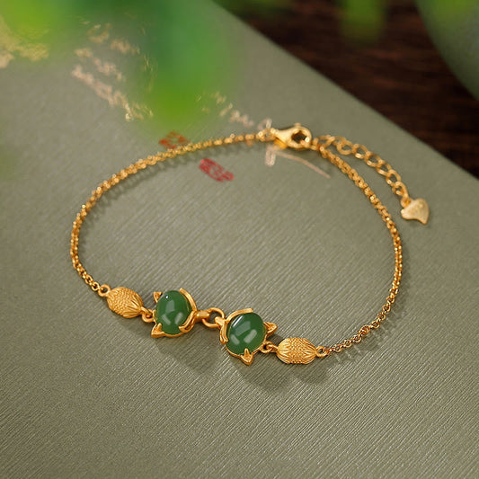 Pulsera de plata de ley 925 con piedras de Buda, jade blanco hetiano natural y jade cian, con un encantador zorro de la suerte. 