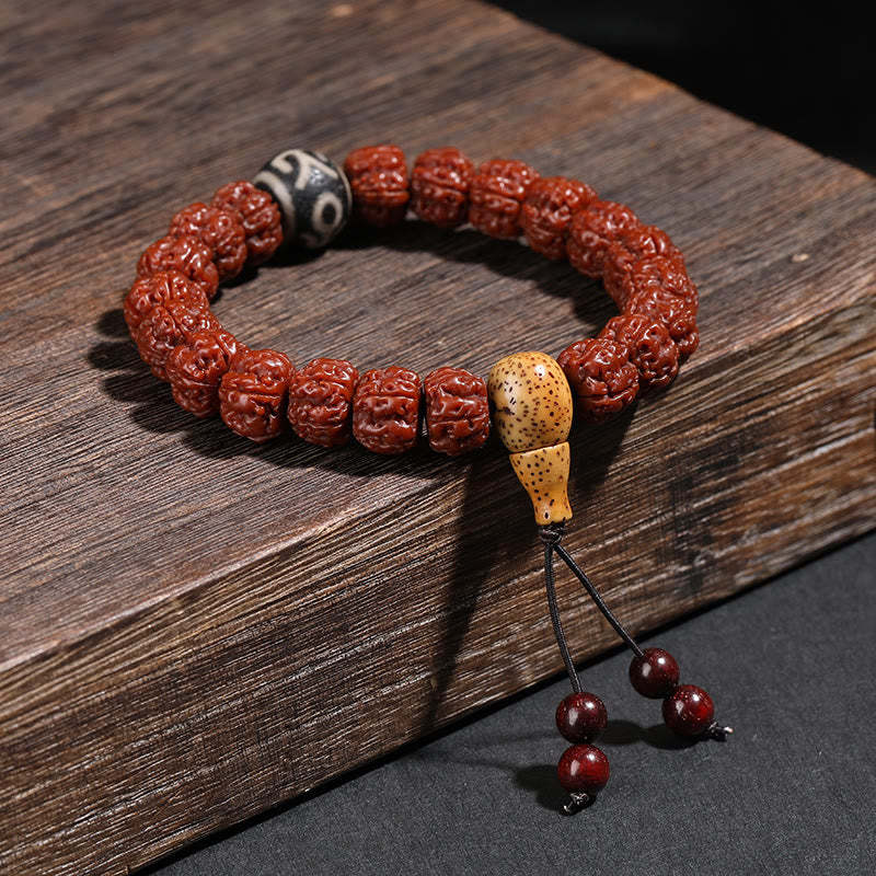 Buddha Stones Tibet Rudraksha Bodhi Seed Dzi Bead Lucky Cat Dancing Lion Wealth Bracelet Wrist Mala - Touch Bling