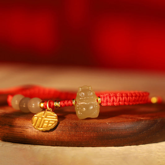Buddha Stones Year of the Dragon 925 Sterling Silver Hetian Jade Fu Character Luck Bracelet