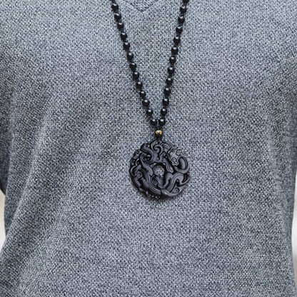 Collar con colgante de purificación Pixiu con hebilla de paz de obsidiana negra natural y piedras de Buda 