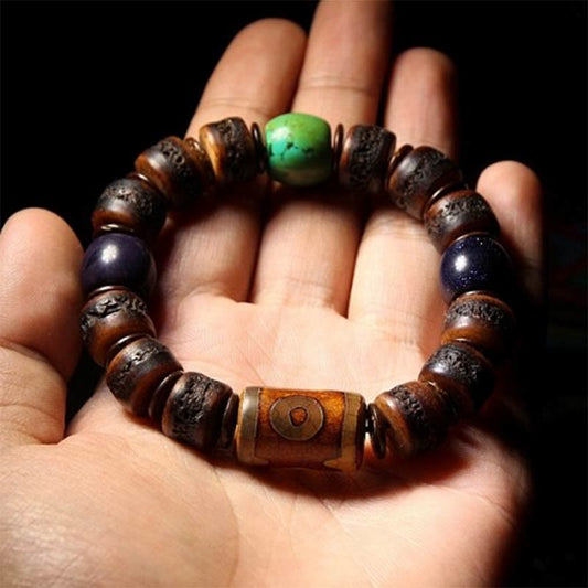 Pulsera tibetana de hueso de yak con cuentas Dzi de color turquesa que aleja los malos espíritus