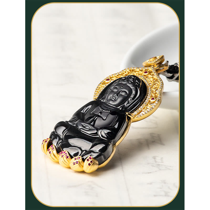 Collar con colgante de la riqueza de Kwan Yin Avalokitesvara y jade negro natural en plata de ley 925 con piedras de Buda