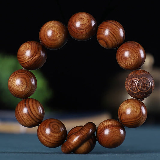 Pulsera de la calma con piedras de Buda, zodíaco chino, palisandro, sándalo verde, madera de ébano y moneda de cobre tallada.