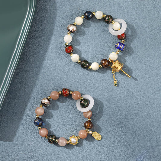 Buddha-Steine, tibetische Räucher-Asche, Liuli-Glas, Tridacna-Stein, Sonnenstein, Om Mani Padme Hum, Gebetsmühle, Bettelarmband