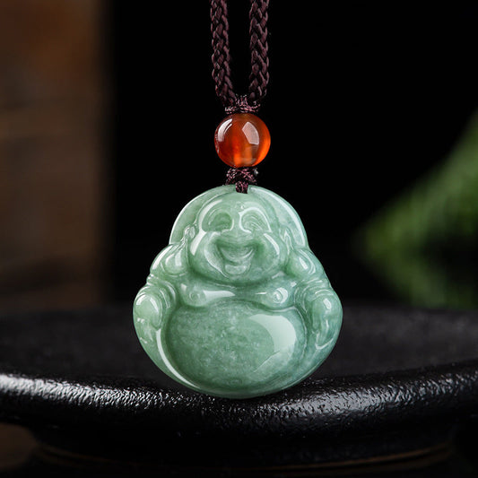Collar con colgante de hilo de jade cian y piedras de Buda sonriente