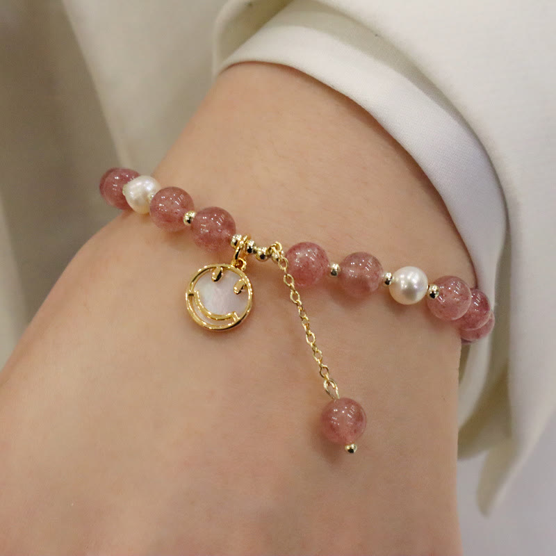 Buddha Stones Erdbeerquarz Perle Elch Smiley Gesicht Fischschwanz Fu Charakter Charm Heilung Armband 