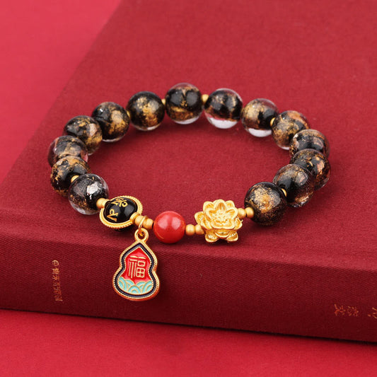 Pulsera de la suerte con cuentas de vidrio de loto y liuli con abalorios de calabaza del Tíbet con el símbolo Om Mani Padme Hum Fu de Buda