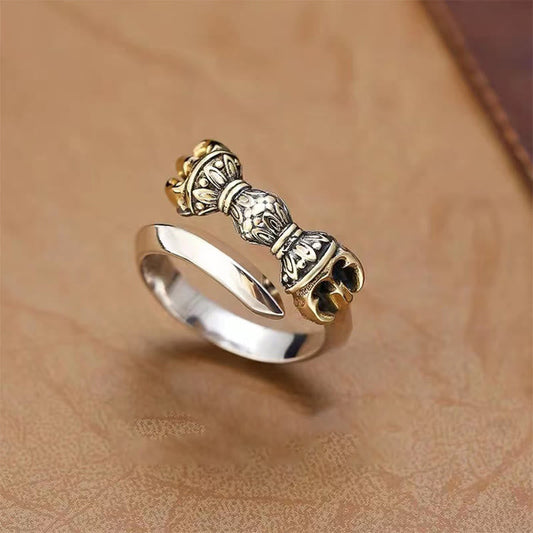 Anillo ajustable de cobre con diseño grabado de Dorje Vajra tibetano con piedras de Buda y riqueza.