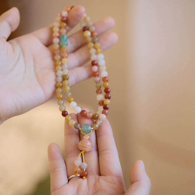 Pulsera triple vuelta con amuleto de calabaza, jade y seda dorada natural de Buda, para la riqueza y la suerte 