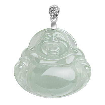 Collar con colgante de Buda sonriente de jade natural en plata de ley 925 con piedras de Buda, cadena de prosperidad y abundancia.