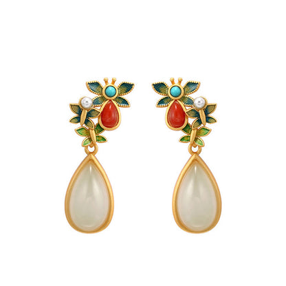 Buddha Stones Water Drop White Jade Red Agate Butterfly Protection Drop Dangle Earrings