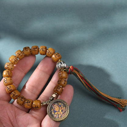 Buddha-Steine, natürliches tibetisches Kamelknochen-Hakenkreuz-Dzi-Perlen-Shankha-Buddha-Charm, Kirtimukha-Glücksschutz-Quastenarmband