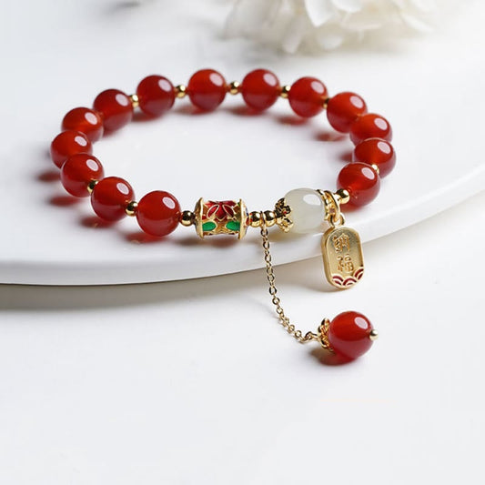 Pulsera con dijes de confianza de Buda, ágata roja natural, jade hetiano y carácter Fu 