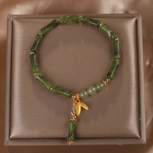 Buddha Stones Armband mit grünem Bambus-Jadeblatt-Muster, Reichtum und Glück