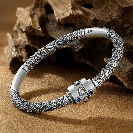 Pulsera de plata de ley 990 con piedras de Buda y nubes auspiciosas tibetanas, con grabado de Om Mani Padme Hum y creatividad. 