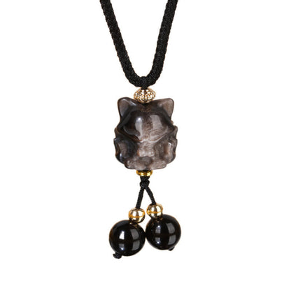 Collar con colgante de zorro de nueve colas de obsidiana con brillo de plata natural y piedras de Buda 