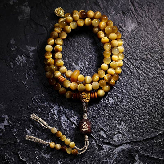 Pulsera con borlas protectoras Dorje de cobre y ojo de tigre natural con 108 cuentas de mala de Buda 