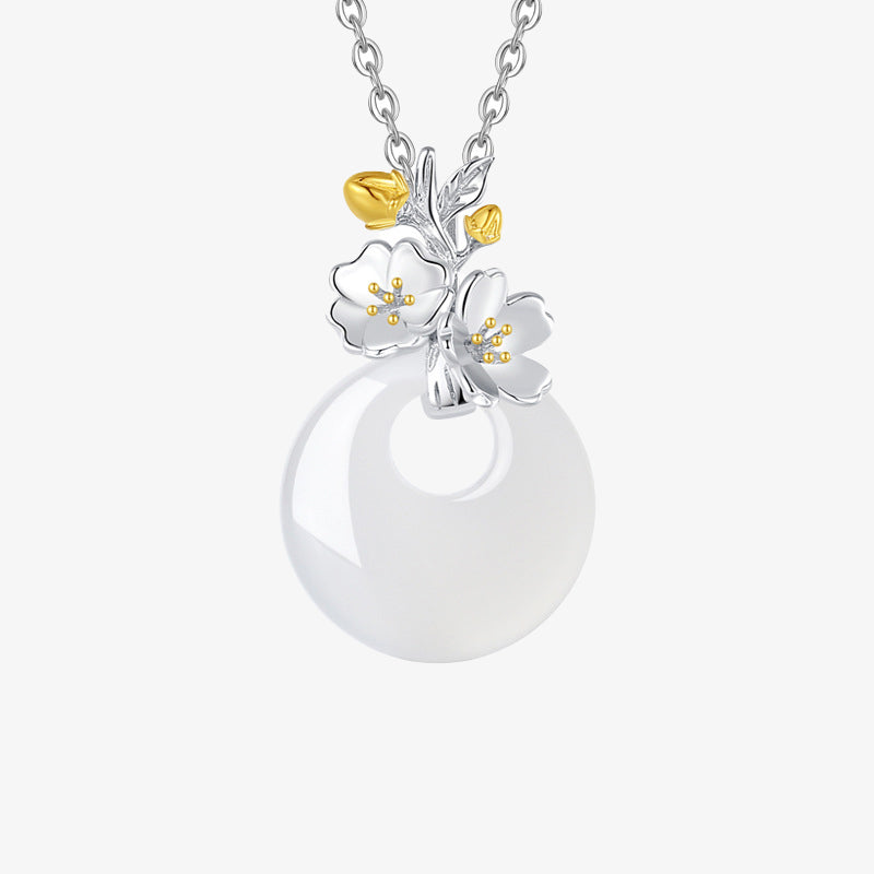 Collar con colgante de flor de armonía de doce meses de calcedonia redonda de plata de ley 925 con piedras de Buda 