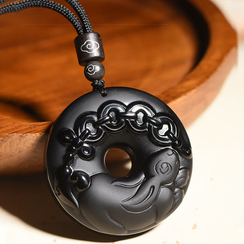 Collar con colgante de obsidiana negra natural con piedras de Buda y hebilla de fuerza del zodiaco chino