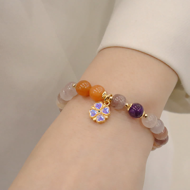 Pulsera de cuentas de Buda con cuentas de jade, seda dorada y morada natural, con flor violeta y dije de riqueza 