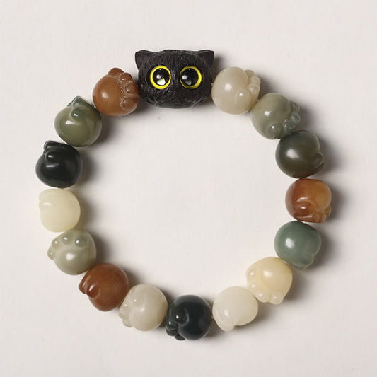 Pulsera de la suerte con semillas de bodhi naturales de Buda, pata encantadora, madera de ébano, gato de la sabiduría 