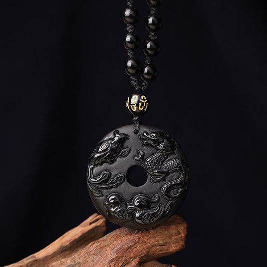 Collar con colgante de obsidiana negra, dragón, fénix, pato mandarín y protección de la suerte. 