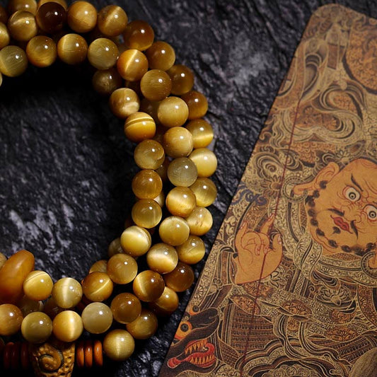 Pulsera con borlas protectoras Dorje de cobre y ojo de tigre natural con 108 cuentas de mala de Buda 