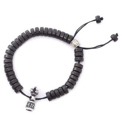 Pulsera de hilo de la felicidad con campana Vajra Dorje Om Mani Padme Hum tallada en cáscara de coco del Tíbet con piedras de Buda 