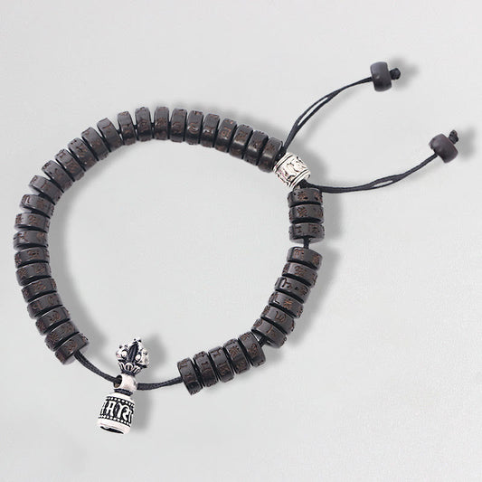 Pulsera de hilo de la felicidad con campana Vajra Dorje Om Mani Padme Hum tallada en cáscara de coco del Tíbet con piedras de Buda 