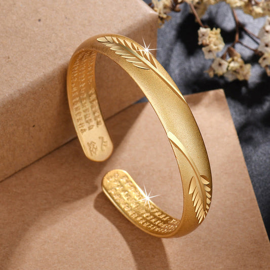Buddha Steine Feder Herz Sutra Gravierte Muster Reichtum Kupfer Manschette Armband Armreif