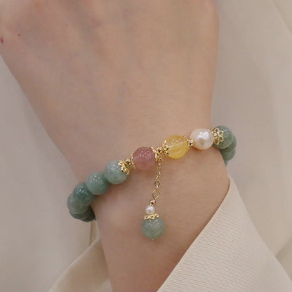 Pulsera de cuentas de Buda con jade, perla, cuarzo fresa y amuleto de la suerte