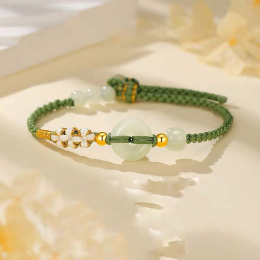 Pulsera trenzada con piedras de Buda, jade hetiano, hebilla de la paz, flor de durazno y suerte