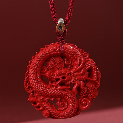 Buddha Stones Year of the Dragon 925 Sterling Silver Natural Cinnabar Copper Coin Luck Necklace Pendant