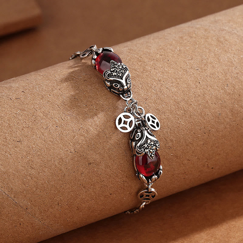 Pulsera de cadena protectora con moneda de cobre y doble PiXiu de granate y piedras de Buda 